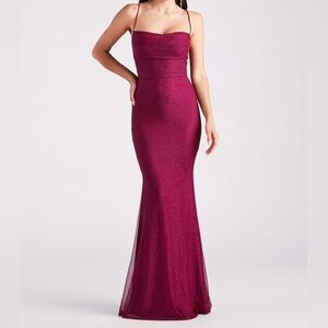 Addison Glitter Mesh Formal Dress in Magenta